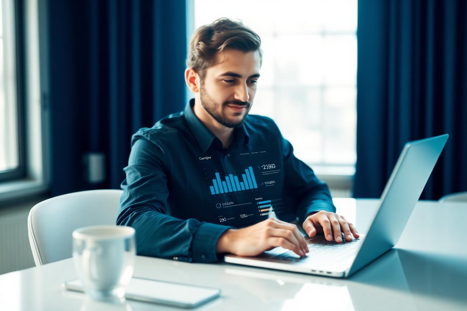 Dirigeant de TPE utilisant une interface IA moderne